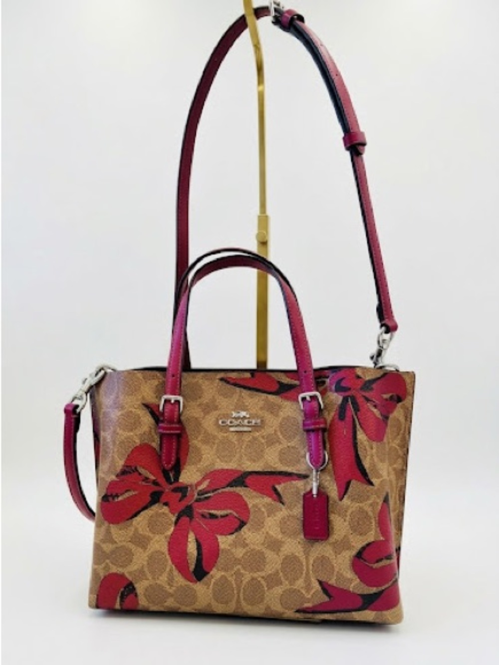 Coach Brown Signature Floral Satchel with Red-Pink Accents